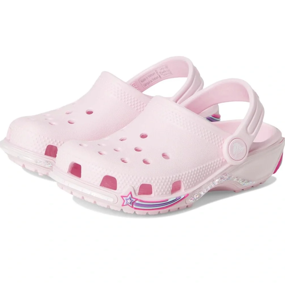 Crocs Kids' Pink Classic‎ Star Sparkle Shaker Clog Size J 2